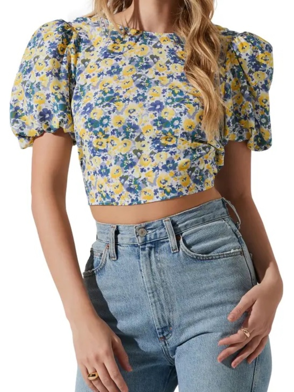 ASTR The Label Floral Puff Sleeve Crop Top Yellow Blue Tie Back Small